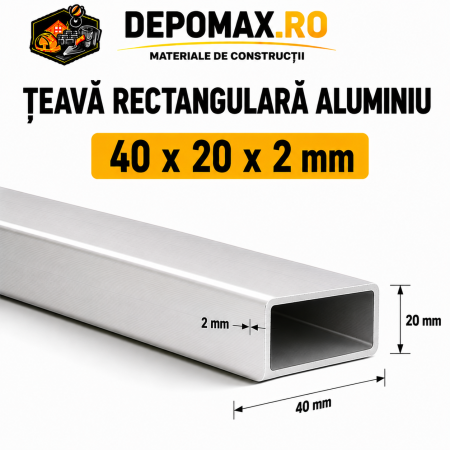 Teava rectangulara aluminiu 40 x 20 x 2 mm, 6 metri (EN AW-6060)
